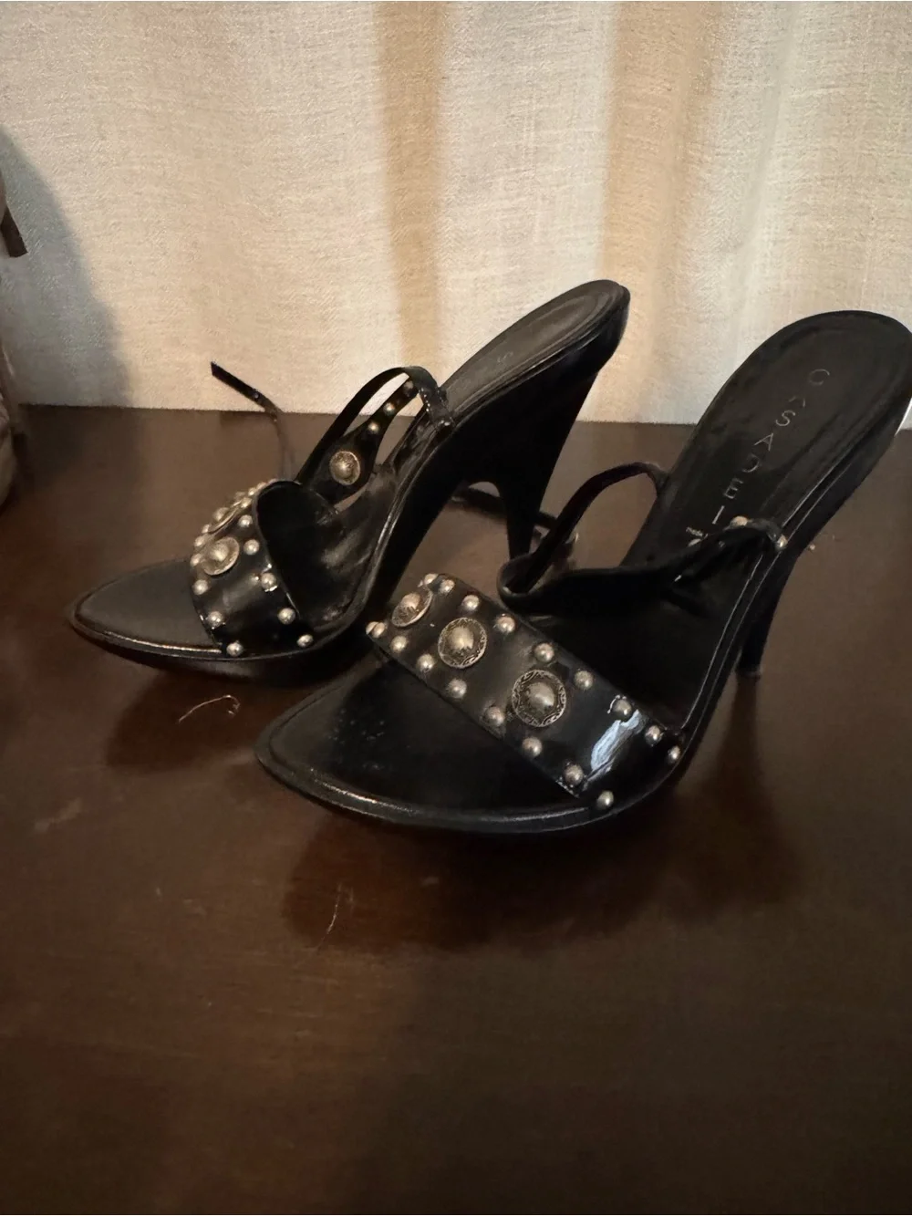 Casadei Black Patent Leather Studded Mule Heels